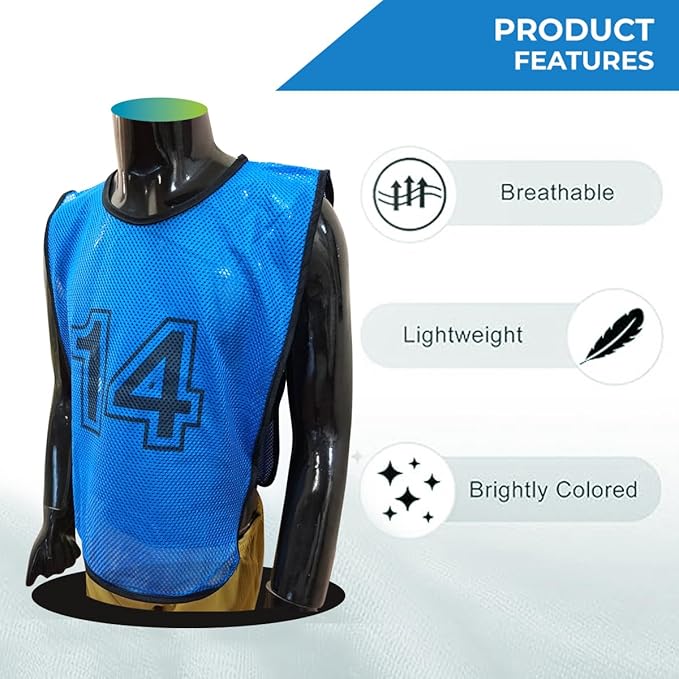 Training Bibs Scrimmage Vests Pennies | Set of 1 to 15 | Bright Blue Sports Pinnies | Lightweight Training Vests | Medium Size | Ideal for Soccer Basketball Football Team Sports
