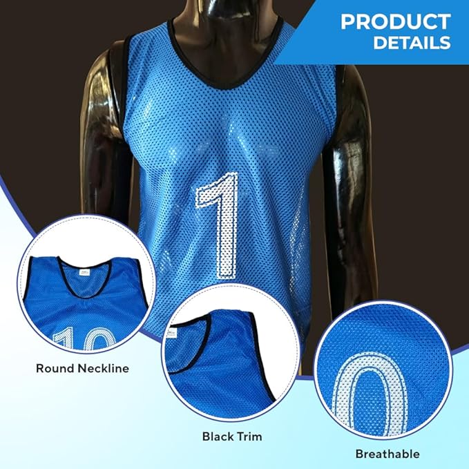 Training Bibs Scrimmage Vests Pennies | Set of 1 to 10 | Bright Blue Sports Pinnies | Lightweight Training Vests | Medium Size | Ideal for Soccer Basketball Football Team Sports